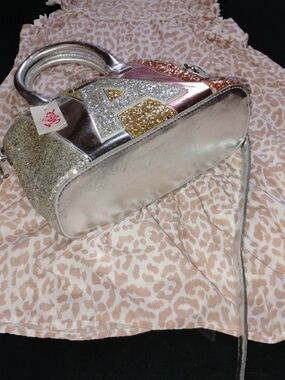 Girls Metallic Silver Glitter Letter Mini Handbag